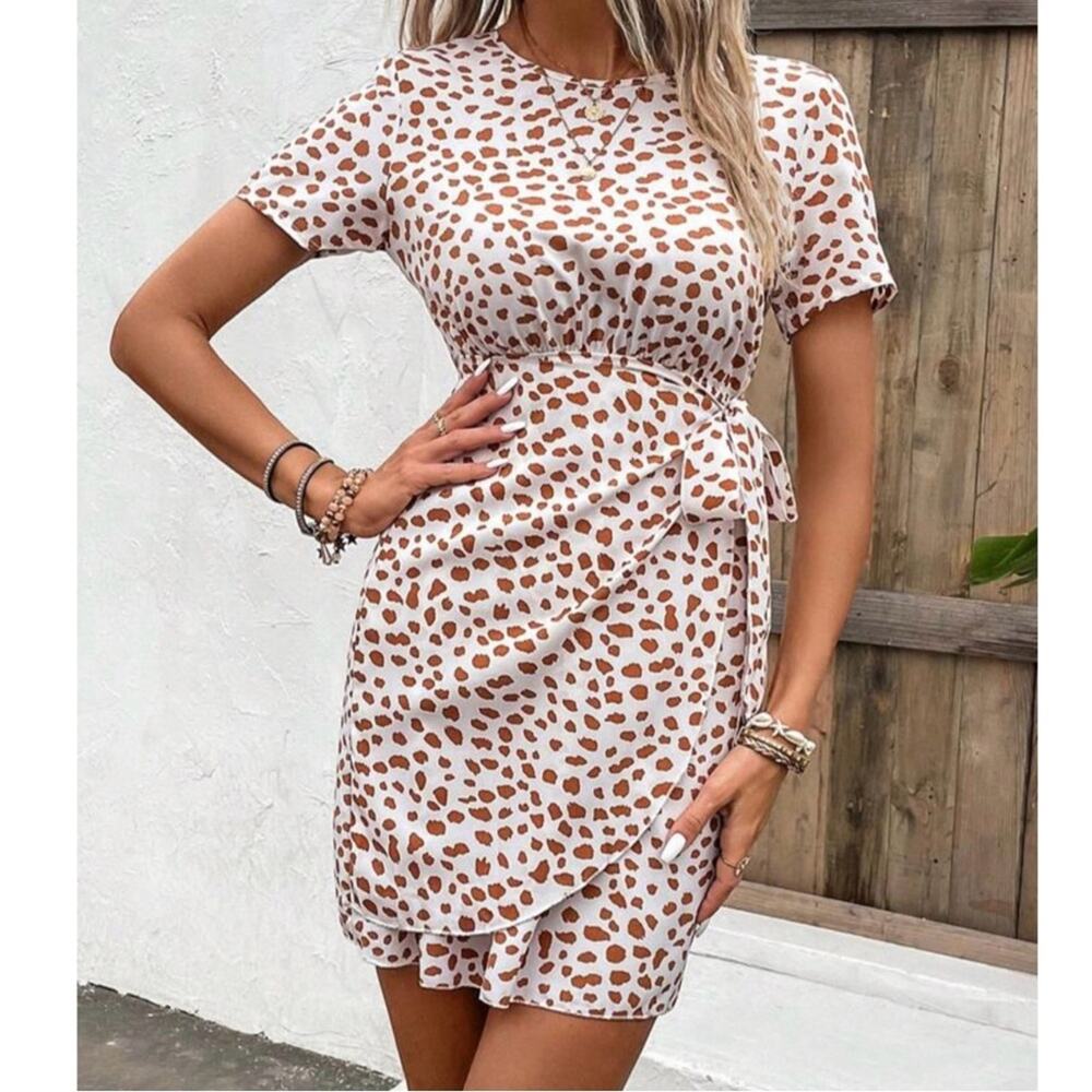 Shein Animal Cheetah Print Short Faux Wrap Dress Womens Small Brown White